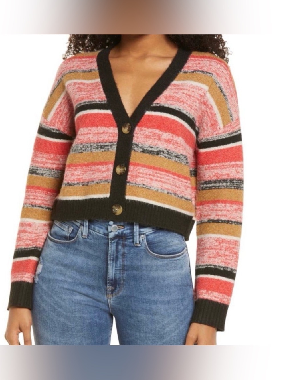 BP by Nordstroms Striped V-Neck Button-Front Sweater Cropped Cardigan, Size XL